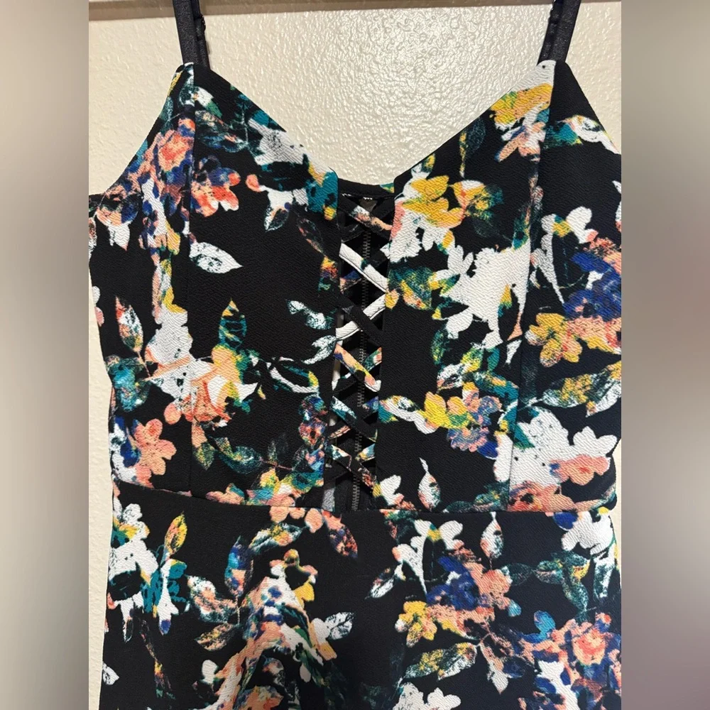 Material Girl Floral Mini Dress Large Strappy Fit & Flare Summer Casual Dress